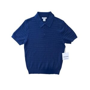 THOM AARON Men's Navy Blue Textured Knit Polo Shirt Short Sleeve Size M